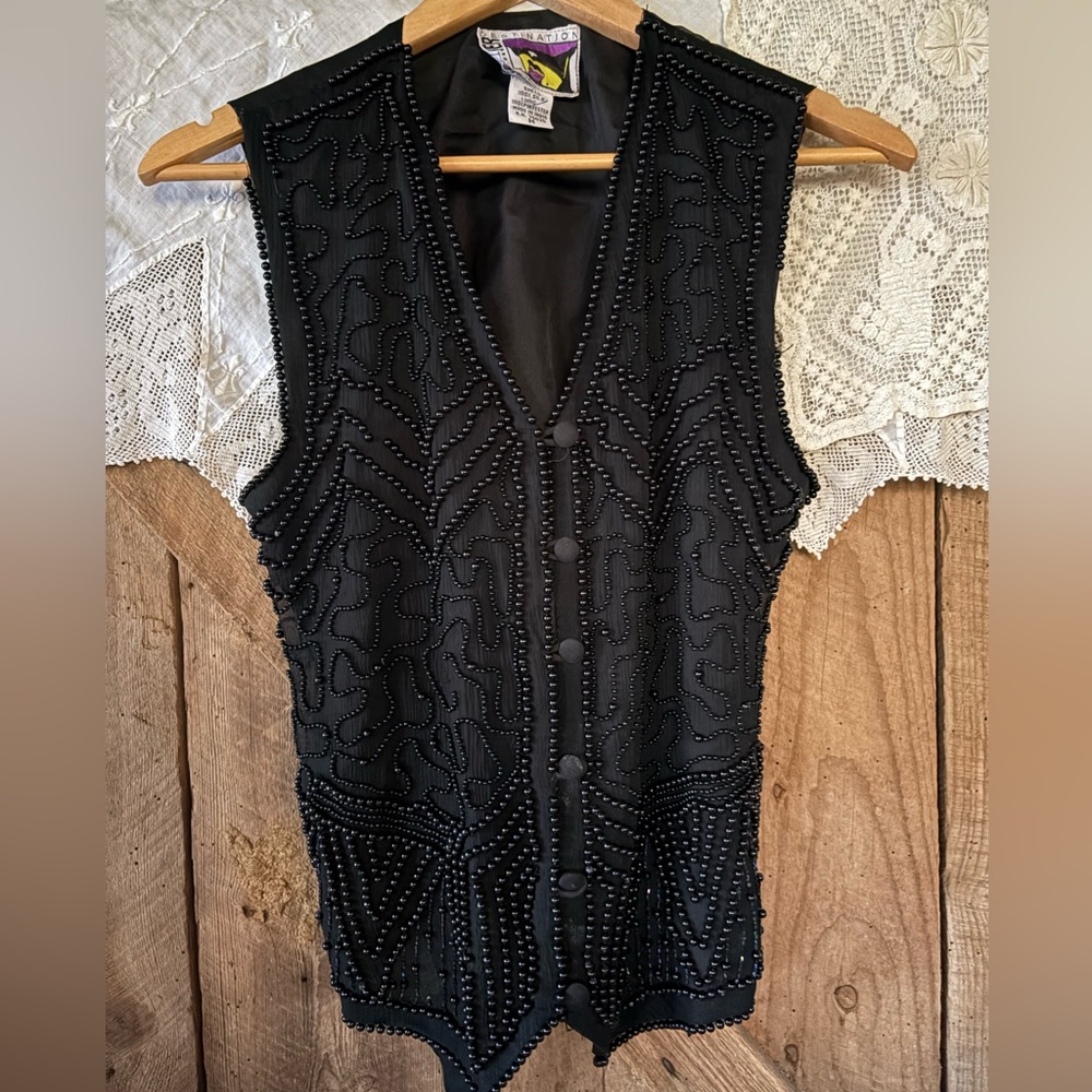 Black Beaded Vest 80s90s Medium Missing beads !!